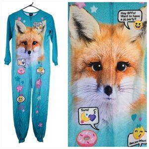 Jellifish Slumber Party Animal Blue Flannel Onesie Girls L 10/12 Fox Emoji Text